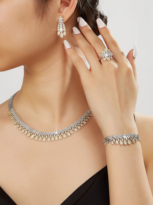 Bridal Two Color Zirconia For Women Party Luxury Dubai Necklace Bracelet Earringa Rings CZ Crystal Wedding Jewelry Sets