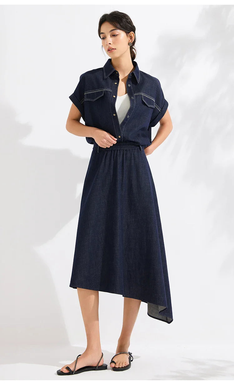 Luxury Women's Denim Skirt Cotton Spandex Linen Irregular Hem A Line Midi Skirt High End Designer Jean Skirt