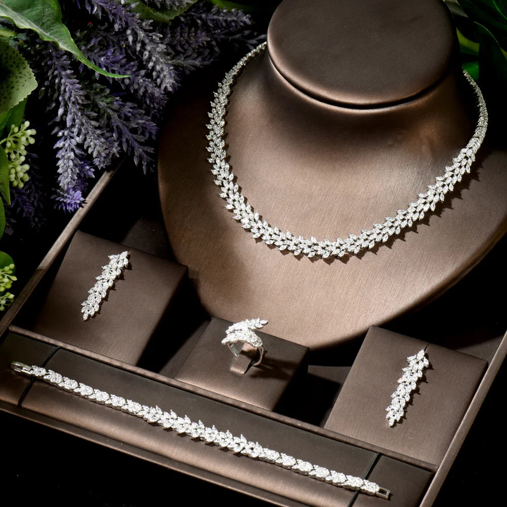 Luxury Women Jewelry Elegant Shape Bridal CZ necklace earrings bracelet ring 4pcs Big Wedding Jewelry Sets For Bride