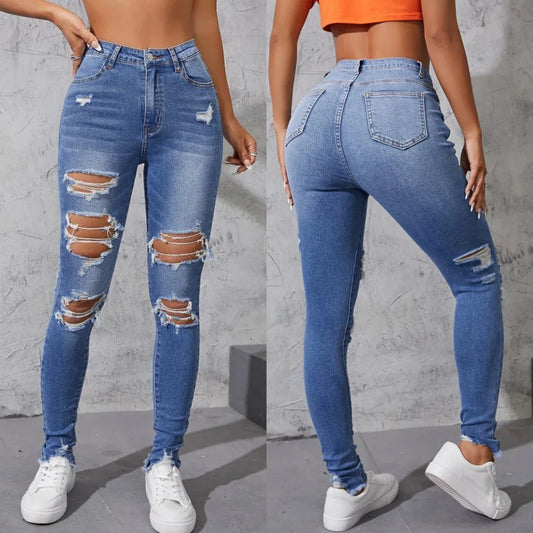 Women's Ripped Skinny Jeans Fashionable High Stretch Slim Fit Butt