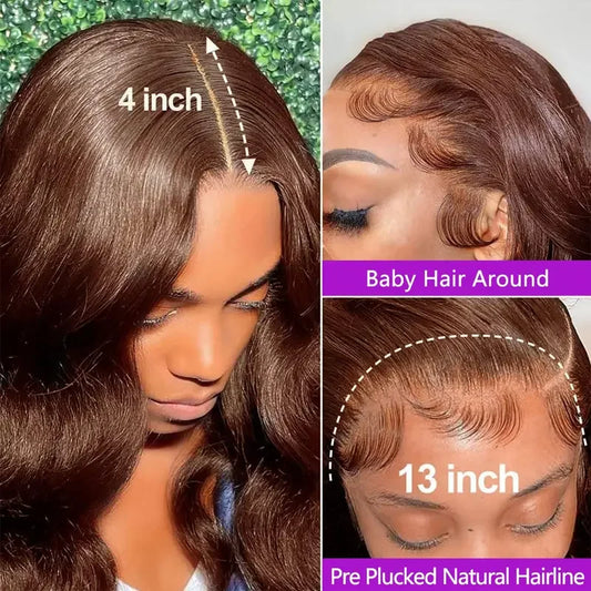 34 Inch Body Wave Chocolate Brown Lace Front Wigs Human Hair Pre Plucked Brazilian Brown Virgin Hair Glueless HD Frontal Wig