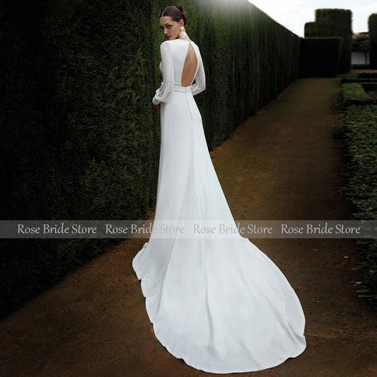 Customized Mermaid Wedding Dress Long Puffy Sleeves O Neck Trumpet Wedding Gowns for Women Backless Buttons Elegant Bridal Dress