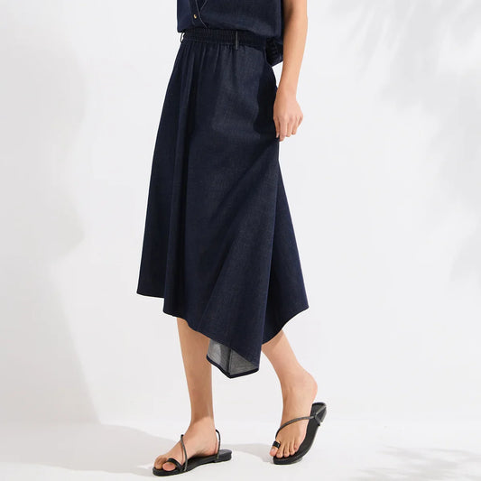 Luxury Women's Denim Skirt Cotton Spandex Linen Irregular Hem A Line Midi Skirt High End Designer Jean Skirt