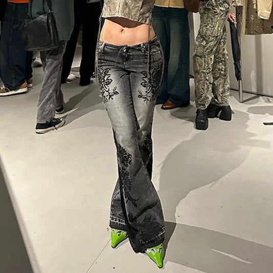 Streetwear Low Rise Flare Jeans for Woman Y2K Aesthetic Print Jean Pants Vintage Washed Denim Trouser Grunge Fairycore