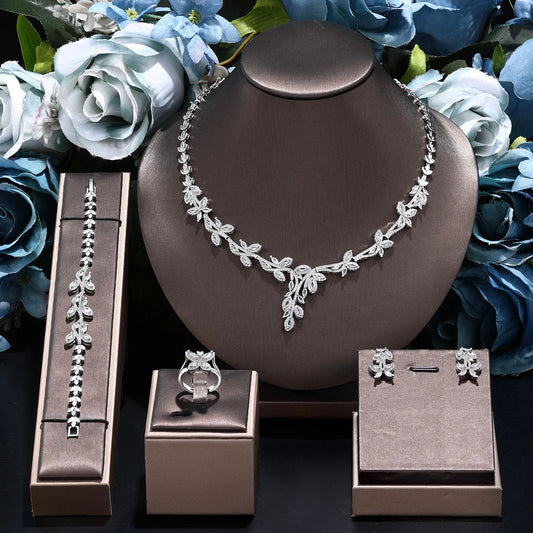 4pcs Bridal Zirconia Full Jewelry Sets For Women Party, Luxury Dubai Nigeria CZ Crystal Wedding necklace sets