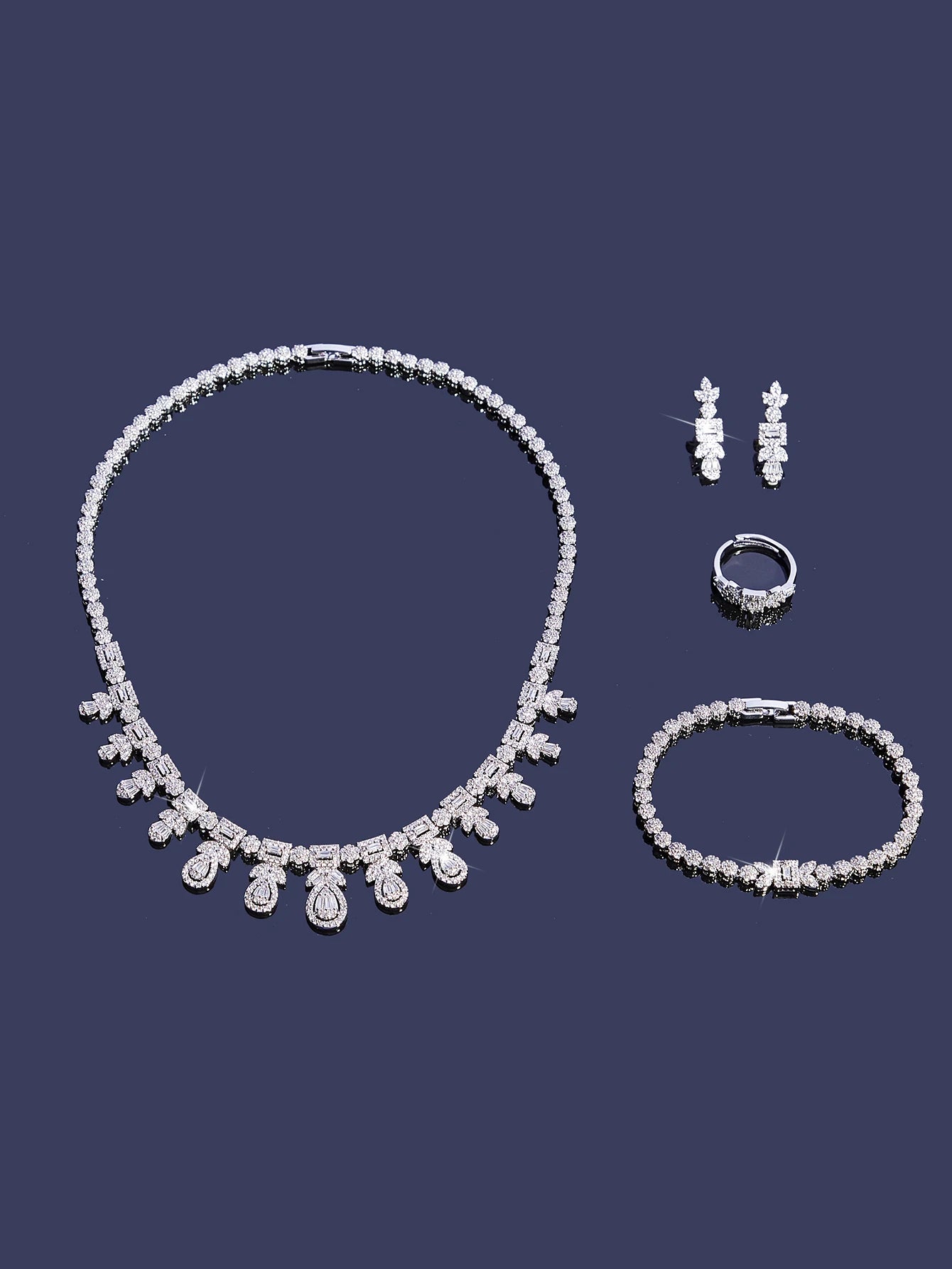 Luxury Cubic Zirconia Necklace Bracelet Earrings And Ring 4pcs Dubai Full Jewelry Set For Women