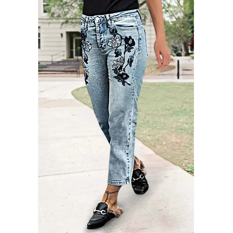 Calça Feminina Floral Bordada de Alta Elasticidade