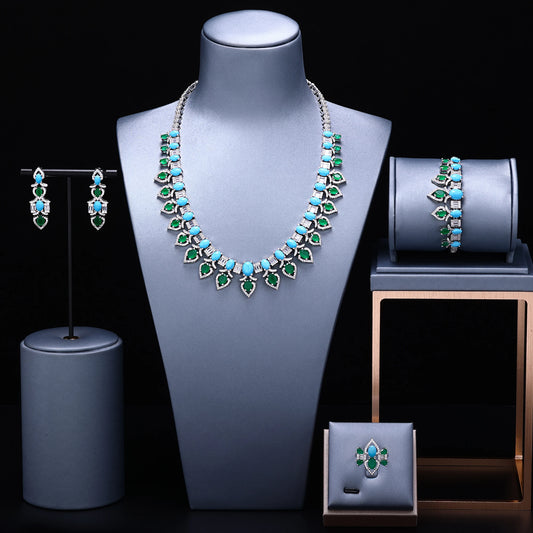 2024 New Fashion Turquoise UAE Dubai Bridal Jewelry Set For Women Wedding Party Nigerian African Necklace Earring Set