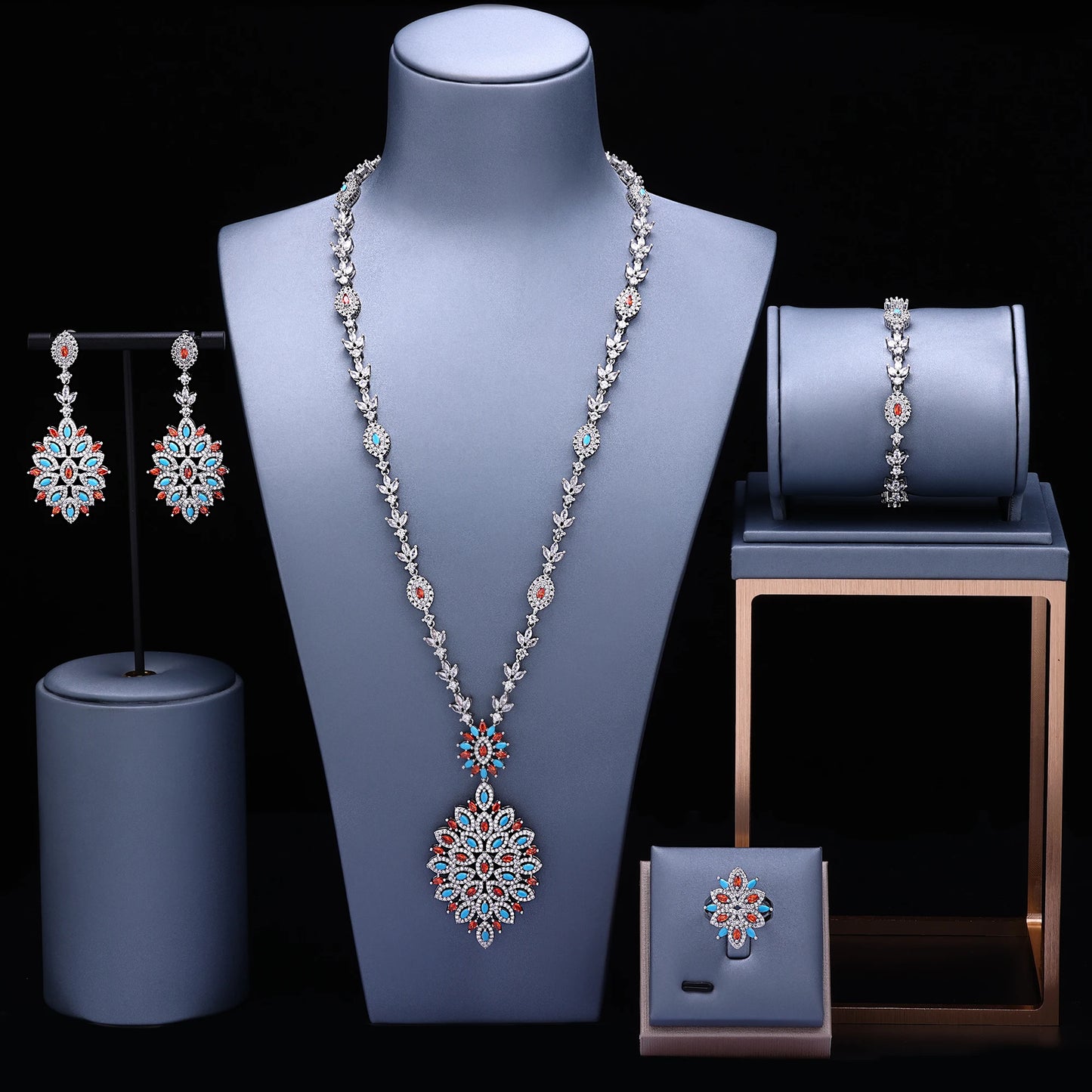 Famosa Marca Turquesa Luxo Africano Conjuntos de Joias para Mulheres Festa de Casamento Zircônia Cristal Dubai Conjunto de Joias de Noiva