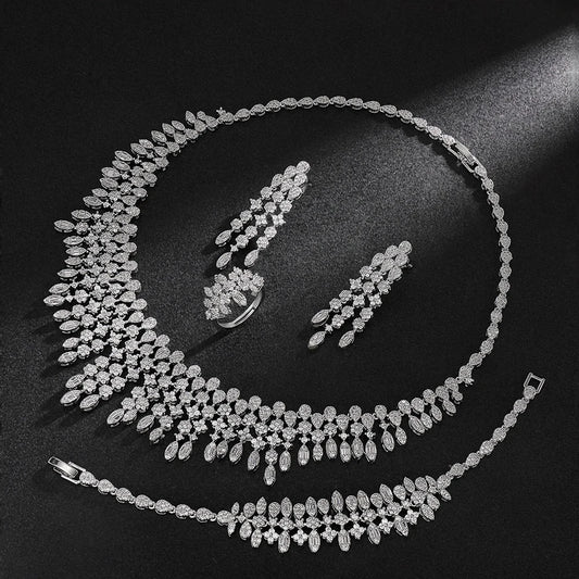 Four-piece Dubai cubic zirconia tassel pendant large chunky wedding bridal necklace luxury jewelry set for bridal party