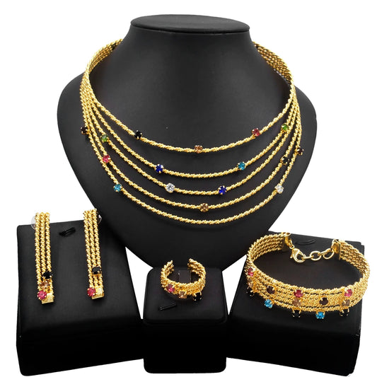 Women Jewelry Set Brazil Gold Plated Colorful Rhinestone Necklace Earrings Bracelet Cutout Design Wedding Banquet Jewelry