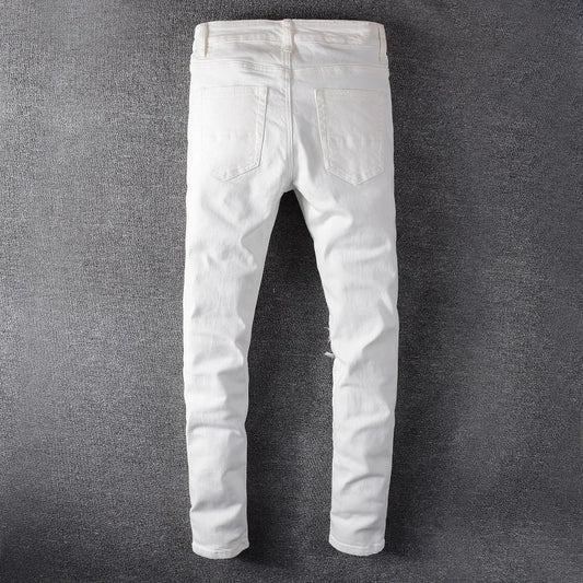 Men's White Crystal Holes Ripped Jeans Fashion Slim Skinny Rhinestone Stretch Denim Pants