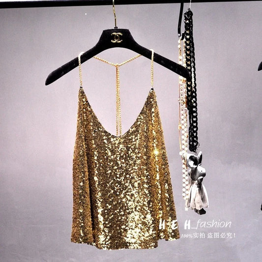 Sequins Condole Belt Vest, Women's Fashion Wear Tops 2023 Suumer Sexy Low-cut Loose T-shirts tank top tops