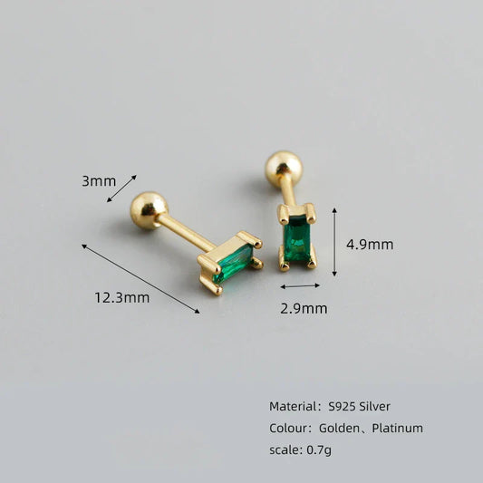 925 Sterling Silver Colorful Square Shiny Zircon Beads Piercing Stud Earrings for Women Fashion Gothic Exquisite Jewelry