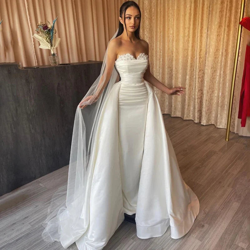White Wedding Dresses Lace Sweetheart Detachable Train Bride Dress Mermaid Satin Wedding Evening Gowns Customized
