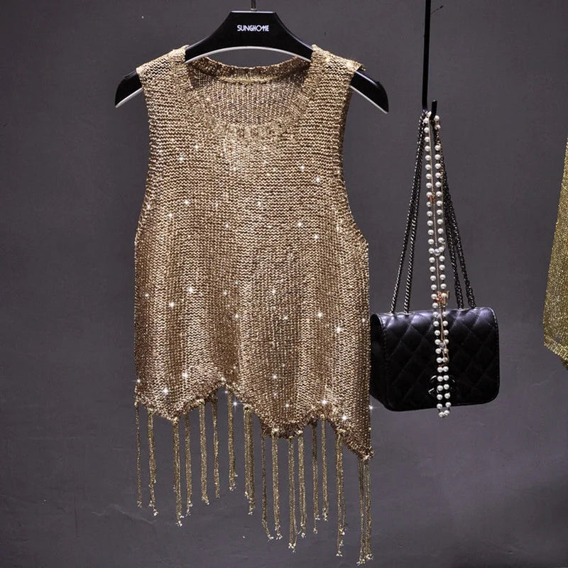 Sexy Shiny Gold Silver Knitted Tank Tops Women Bling Bling Sequined Tassels Knitted Vest All Neon Store Clothes Korean
