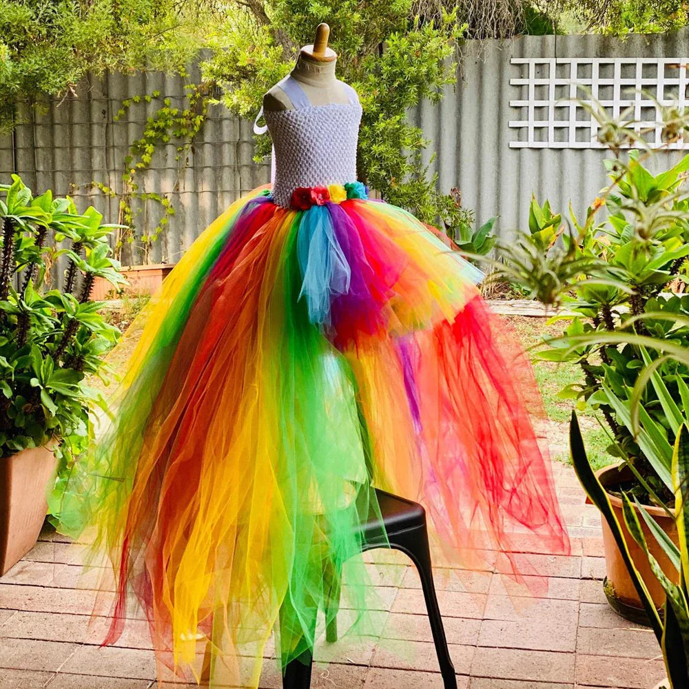 Baby Girls Rainbow Color Trailing Tutu Dress Kids Crochet Flower Tulle Dress Ball Gown Children Evening Party Costume Dresses