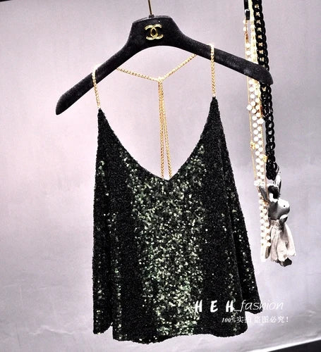 Sequins Condole Belt Vest, Women's Fashion Wear Tops 2023 Suumer Sexy Low-cut Loose T-shirts tank top tops