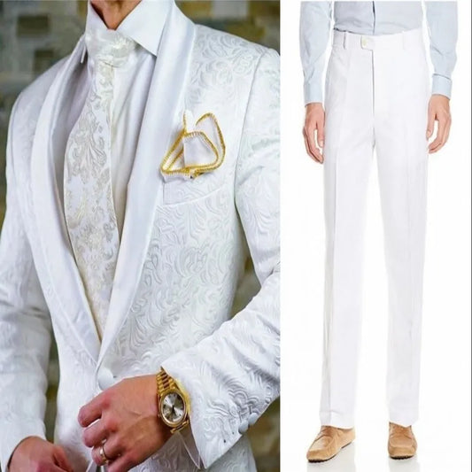 White Pattern Groom Tuxedos Shawl Satin Lapel Men Suits 2 Pieces Wedding Bridegroom ( Jacket + Pants + Tie ) D201