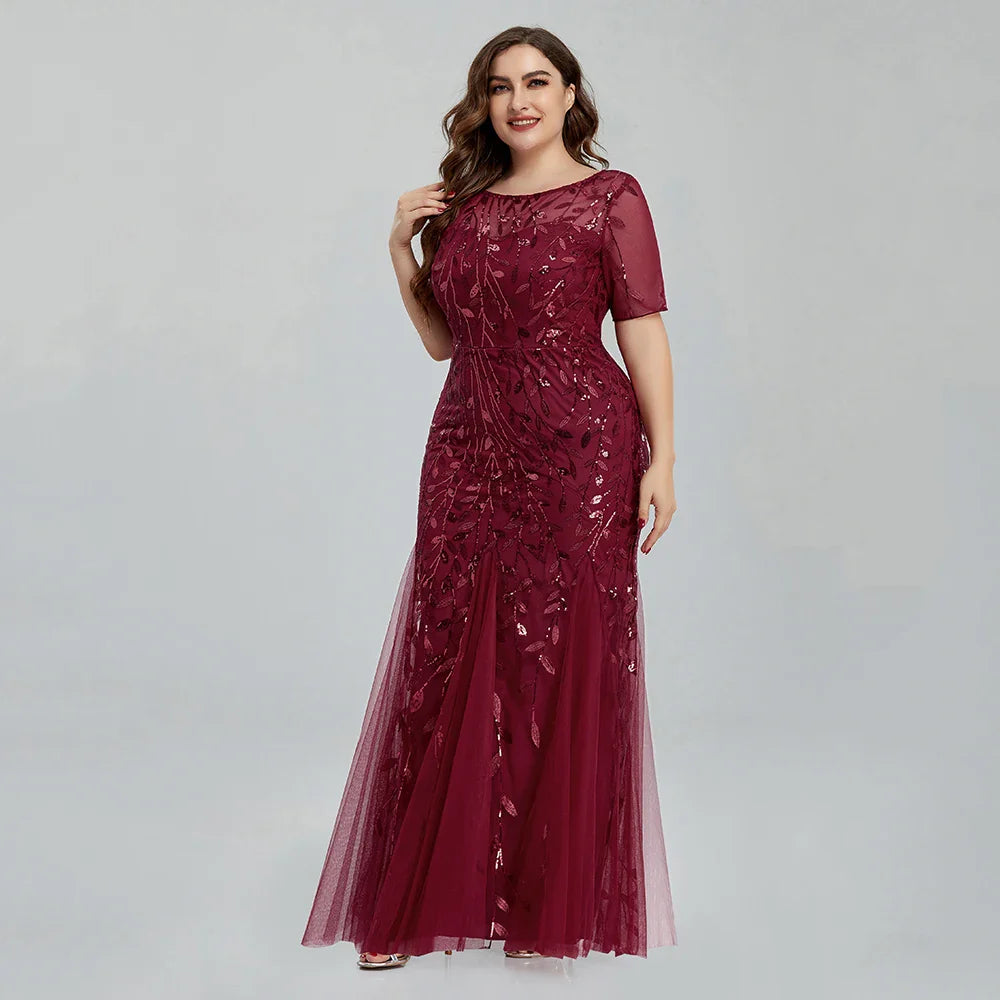 Women Plus Size Sequin Mesh Embroidery Mermaid Evening Dress Formal Short Sleeve Elegant Party Prom Gowns 2020 New Long Dress