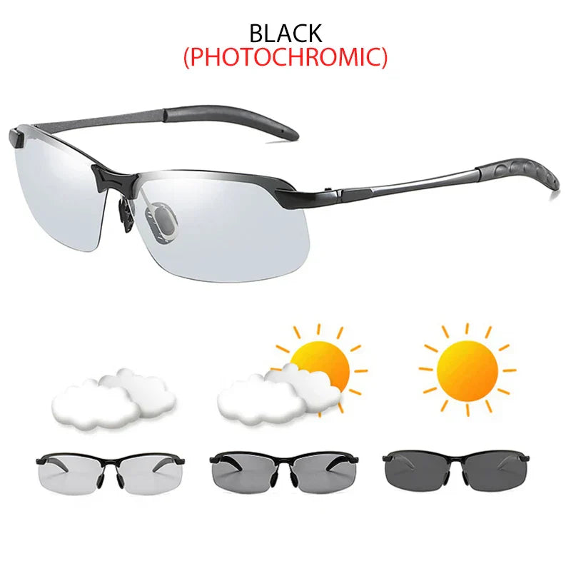 Half-frame Photochromic Sunglasses Men Women Vintage Metal Polarized Sun Glasses For Male Night Vision Driving Shades