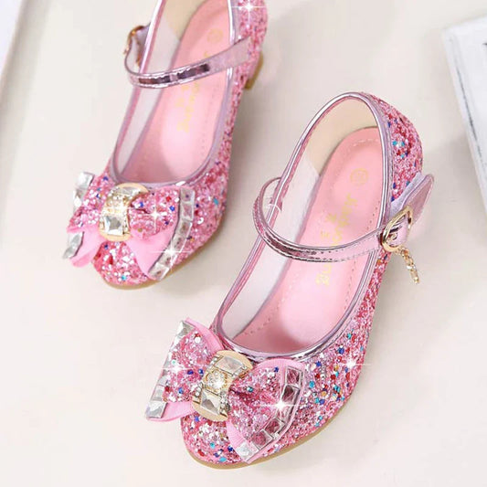 Princess Kids Leather Shoes for Girls Flower Casual Glitter Children High Heel Girls Shoes Butterfly Knot Blue Pink Silver