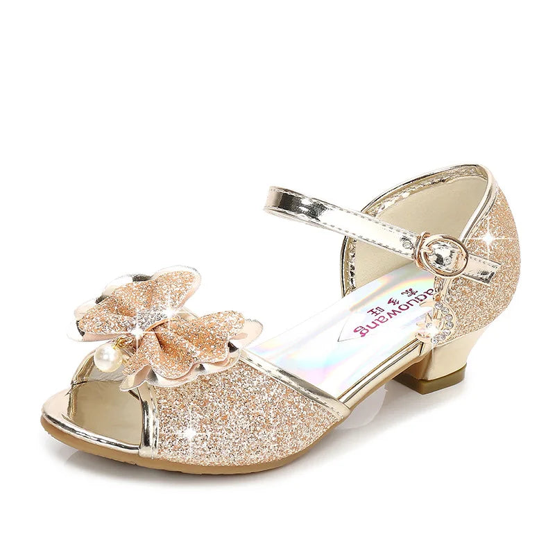 Butterfly-knot Crystal Pearls Sequins Girls Kids Shiny Shoes Medium Big Children's Princess High Heels Sandals For Wedding Party