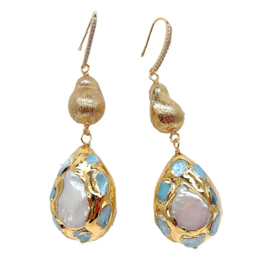 Y·YING natural Cultured White Pearl Teardrop Shape Blue larimar Pave Brushed Bead Dangle Hook Earrings