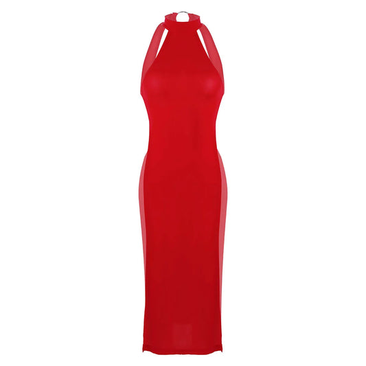 Sexy Women Ultra Thin Hollow Dress Clubwear Halter Neck Sleeveless Backless High Slit Legs Dress Cheongsam Temptation Nightgown