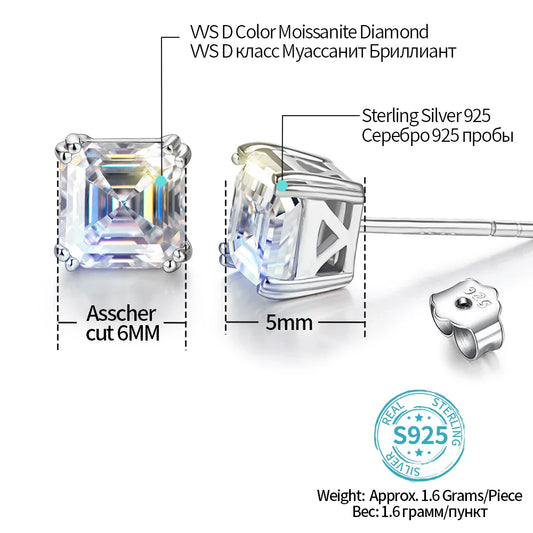 Total 0.8ct 6.0mm Moissanite D Color VVS1 Asscher Cut 18K White Gold Plated Earrings Jewelry Woman Girlfriend Gift