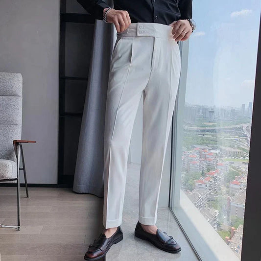 2024 Mens Elegant Formal Party Suits Pants Solid White Grey Pencil Trouser Korean Fashion Waist Buckle Suit Pants Men Streetwear