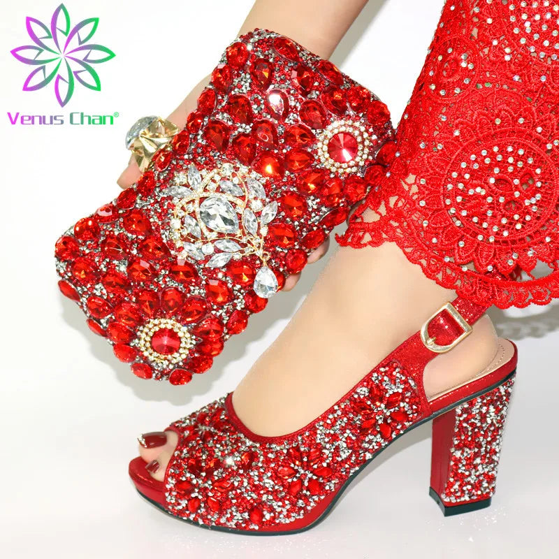 New Shoe and Matching Bag for Nigeria Party Slip on Shoes for Women Ladies Italian Shoes and Bag Set Decorated with Rhinestone