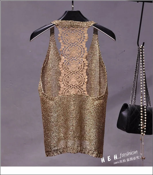 Yan Li Sexy Shoulders and Heart Leakage Hang Sequined Jacket Neck Lace Knitting Wear Outside Hang Back Sleeveless Top Women