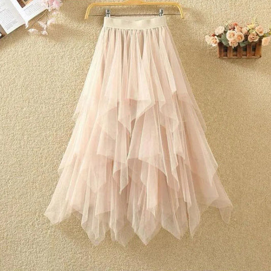 Women Sweet Midi Spring And Summer High Waist Solid Asymmetrical Elegant Chic White Mesh Tulle Skirts Faldas