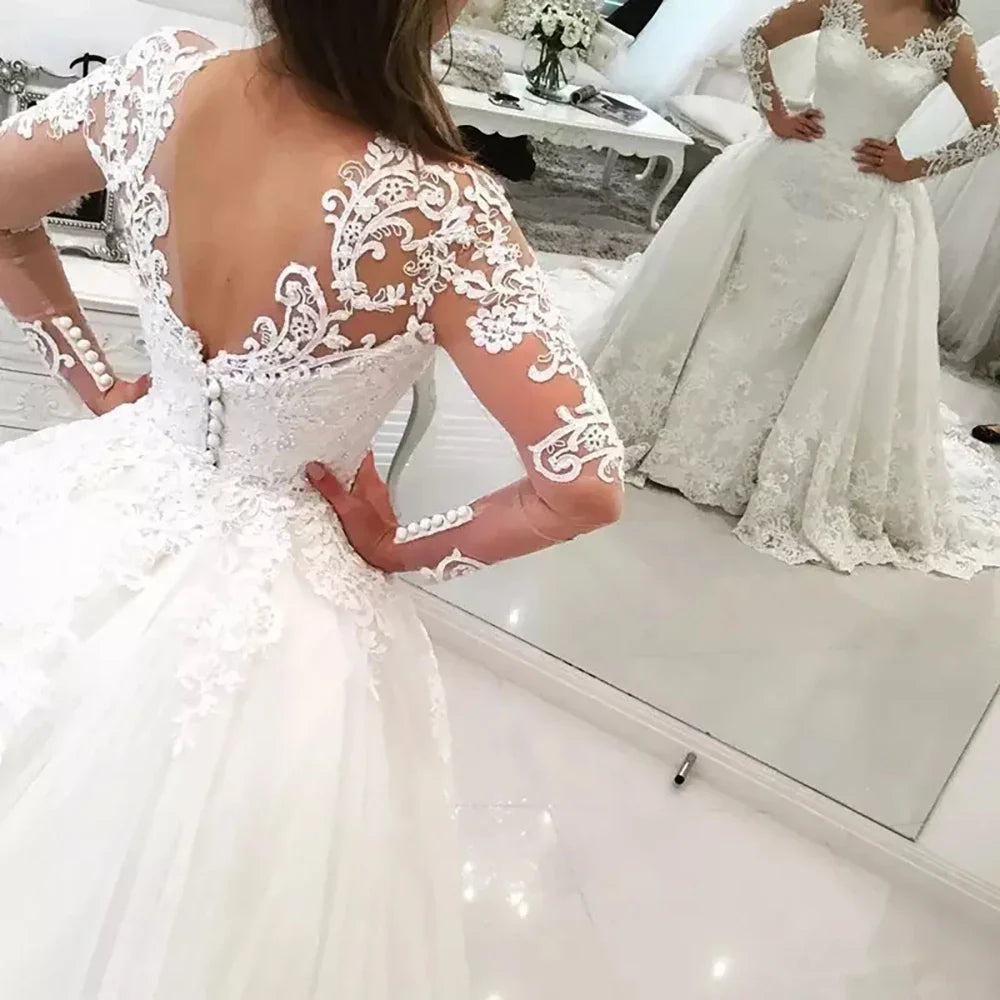 2020 New 2 in 1 Arabic Amazing Detachable Train Mermaid Wedding Dress Long Sleeve Lace Bridal Wedding Gowns