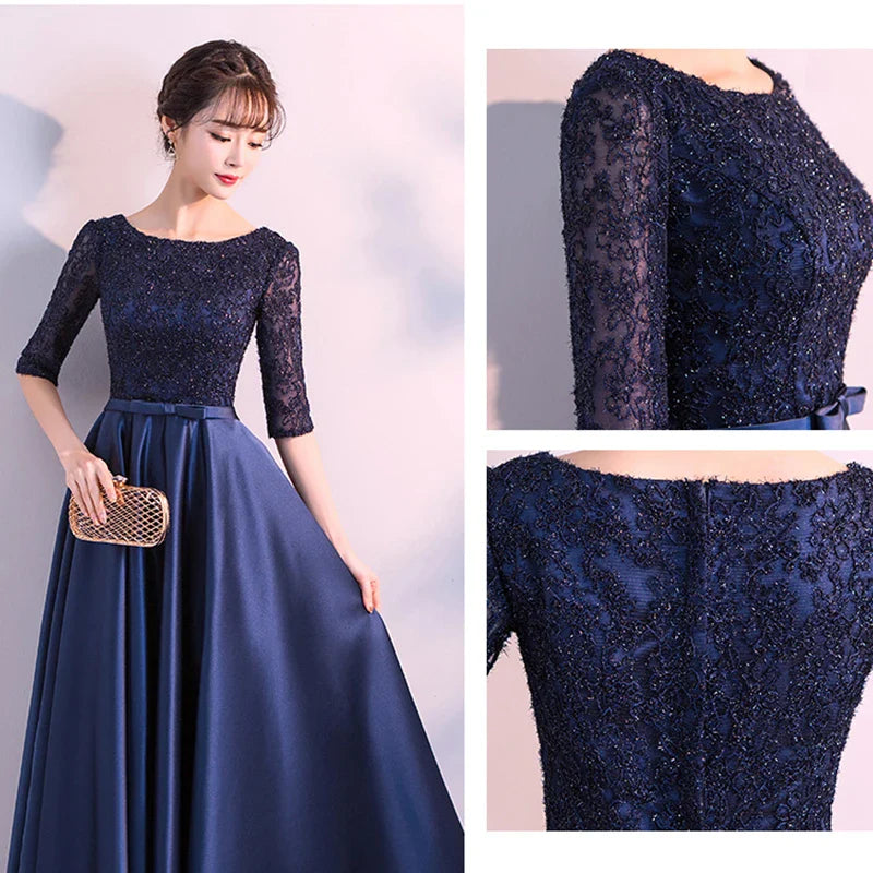 New 2025 Long Formal Evening Dresses Elegant Lace Satin Navy Blue Vestidos Para Mujer Women Party Gown