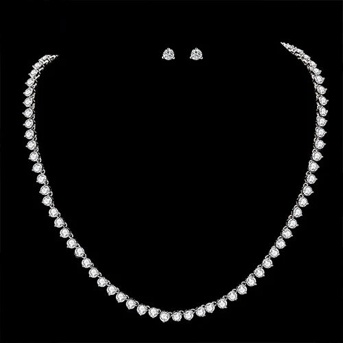 Conjunto de Joias de Noiva Brincos e Colar de Zircônia Cúbica Redonda 3 Garras Cor Prata Design Simples Acessórios de Casamento da Noiva