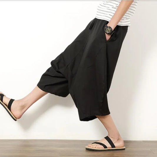 Summer Men's Japanese Samurai Boho Summer Harem Shorts Hakama Linen Cotton Pants 5 Colors Loose Fit Short Pants Big Size