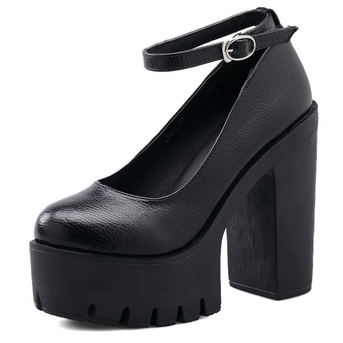 spring autumn casual high-heeled shoes sexy ruslana korshunova thick heels platform pumps Mary Janes Black White Size 42