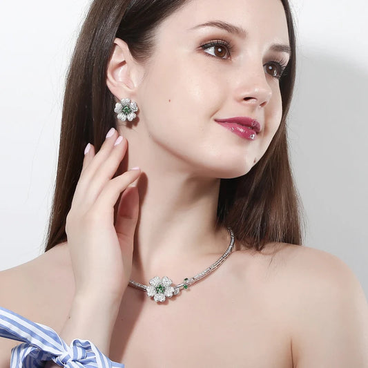 Druzy CZ Stone Big Red Flower Wedding Bridal Choker Necklace and Earrings Party Costume Jewelry Sets for Brides T0518