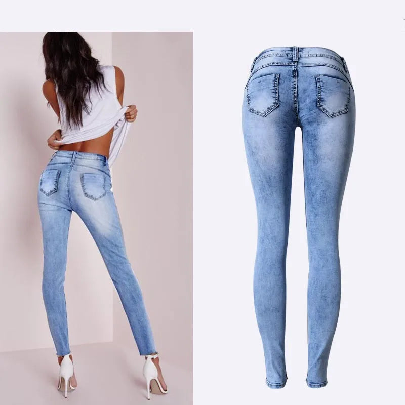 Low Waist Sky Blue Patchwork Skinny Tights Women