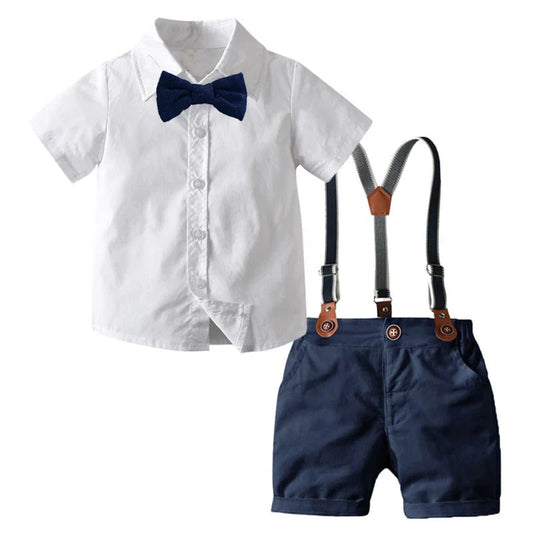 Ring Bearer Boy Bow Gentleman Party Clothes White Shirt + Navy Shorts+Suspenders Kids Children Wedding Outfits Short Sleeve Sets