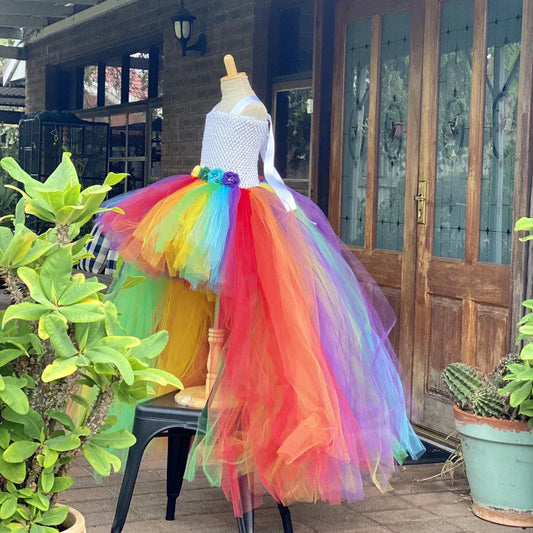 Baby Girls Rainbow Color Trailing Tutu Dress Kids Crochet Flower Tulle Dress Ball Gown Children Evening Party Costume Dresses