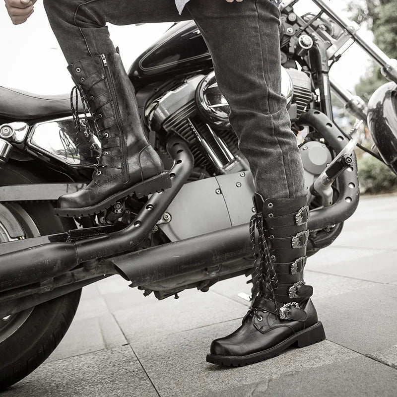 Men's PU Leather Motorcycle Boots High Over the Knee Boots Gothic Belt Punk Boots Men Shoes Boot