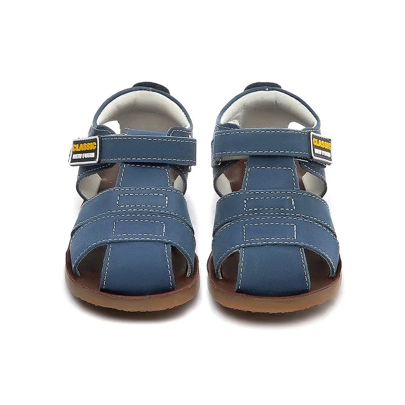 Children frosted genuine leather beach sandals boys barefoot non-slip sandals with cowhide lining baby soft Navy blue sandals