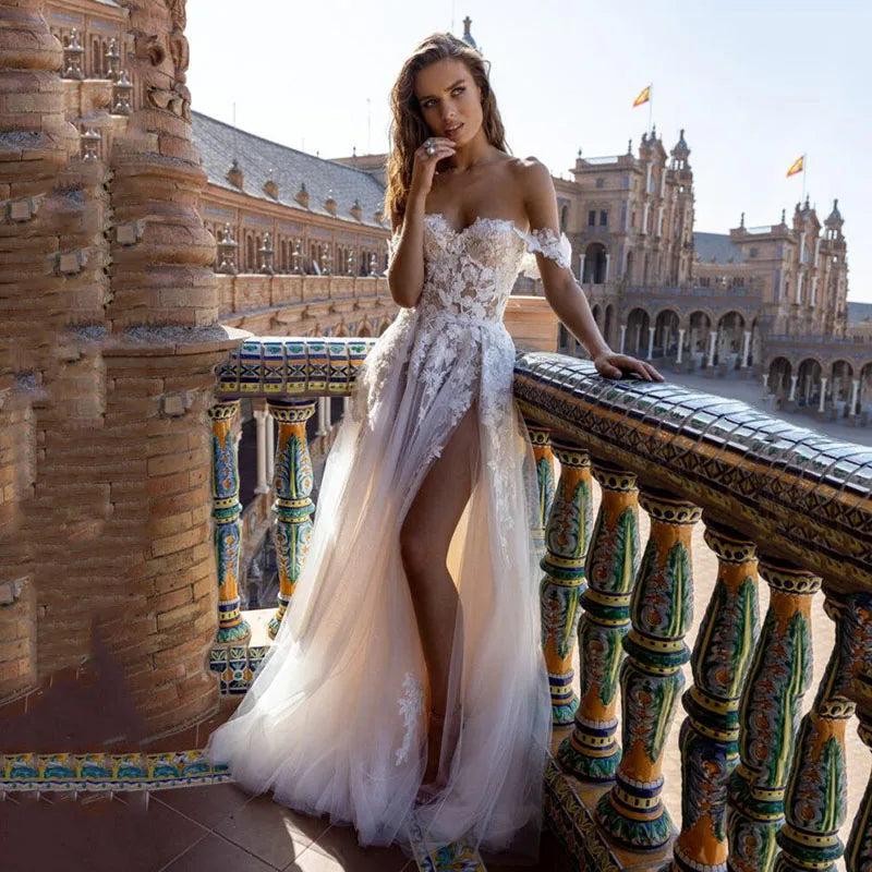Church Sexy Champagne Wedding Dress off Shoulder Summer Beach Wedding Gowns Split Lace Bridal Dresses 2025 Customized