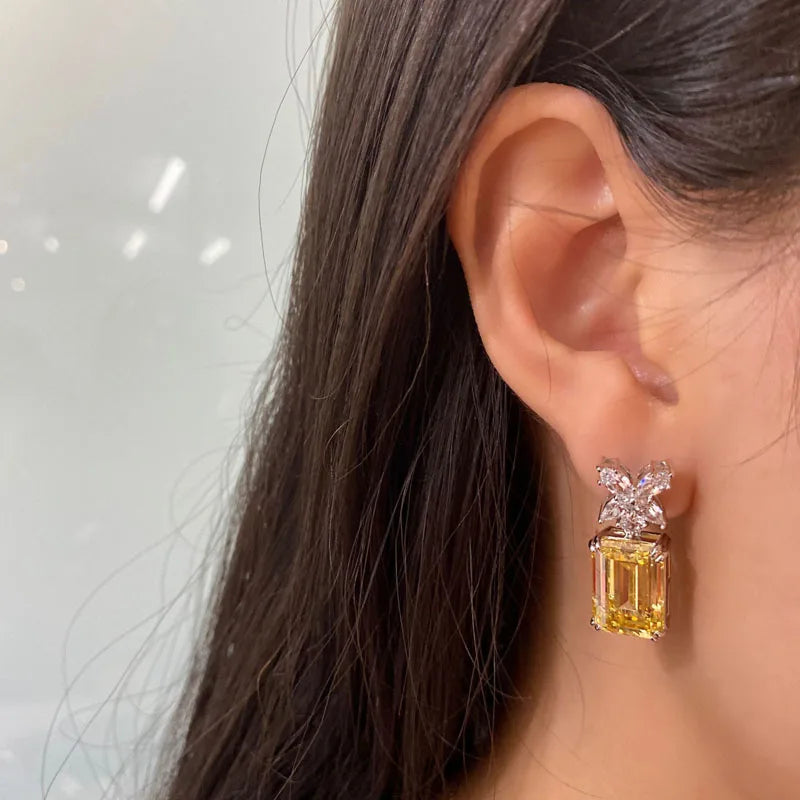 5A+ Yellow Zircon Stud Earrings for women High quality 925 Sterling Silver Sparking CZ Flower Earrings Wedding jewelry