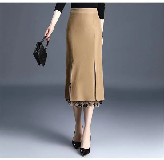 2026 Women Spring Summer Irregular Mesh Skirt Band Splice High Waist Skirt Knee Khaki Split Office Lady Skirt