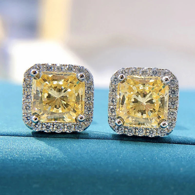 100% 925 Sterling Silver 7*7mm Pink Yellow High Carbon Diamond Stud Earrings For Women Sparkling Wedding Fine Jewelry Gift
