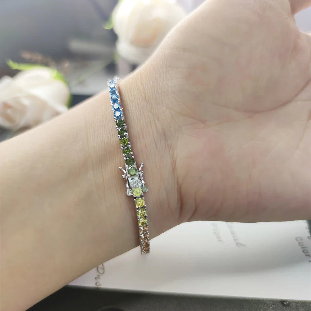 Pure Silver 14-21 cm Tennis Bracelet Pave 3 mm Bling Rainbow Zircon Beautiful Real 925 Jewelry For Women